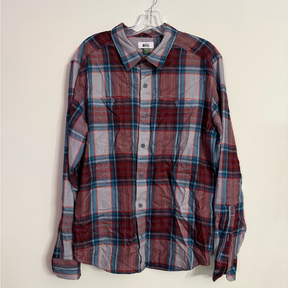 REI Co-op Large Flannel Shirt Mens Red Plaid Long Sleeve Wool Polyester Large L